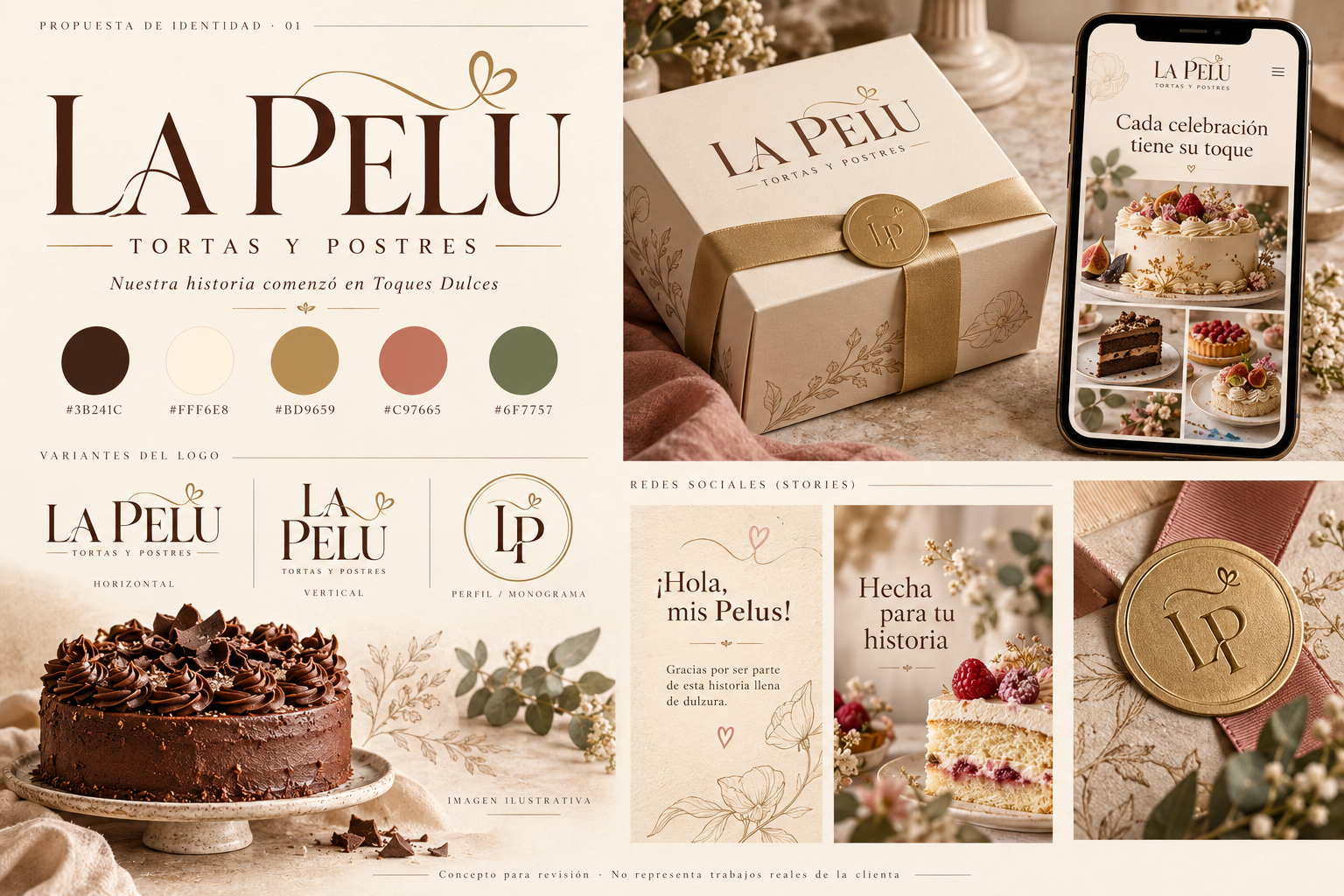 Lámina conceptual con logotipo, paleta, empaque, catálogo y publicaciones ilustrativas
